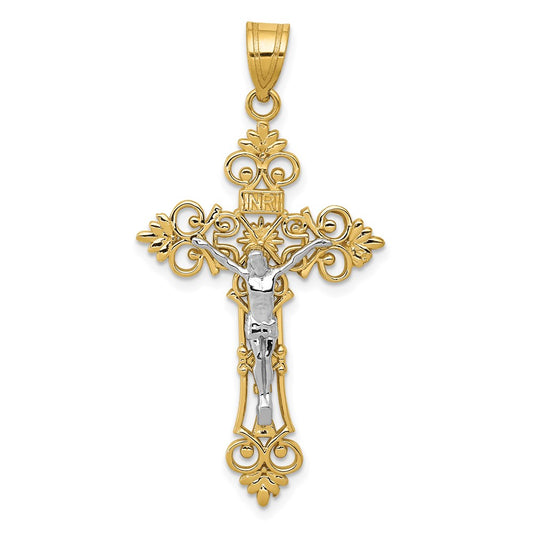 Million Charms 14K Yellow Gold Themed Two-Tone Large Lacey-Edged Inri Relgious Crucifix Pendant