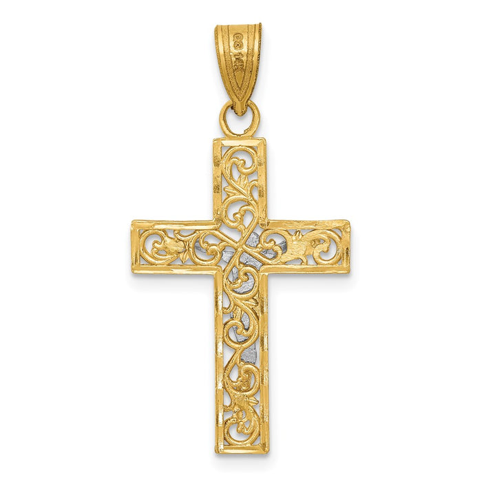 Million Charms 14K Yellow Gold Themed Two-Tone Diamond-Cut Small Block Filigree Relgious Cross With Relgious Crucifix Pendant