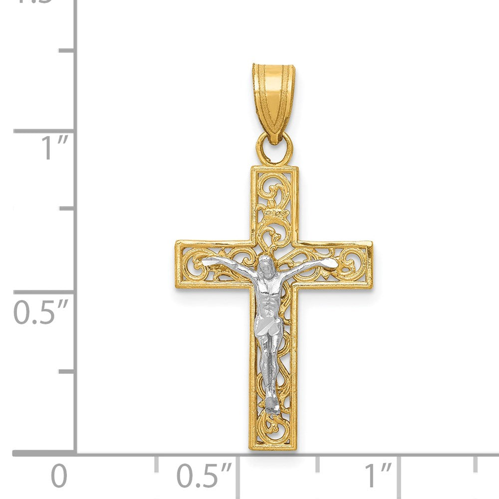 Million Charms 14K Yellow Gold Themed Two-Tone Diamond-Cut Small Block Filigree Relgious Cross With Relgious Crucifix Pendant