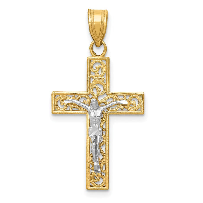 Million Charms 14K Yellow Gold Themed Two-Tone Diamond-Cut Small Block Filigree Relgious Cross With Relgious Crucifix Pendant