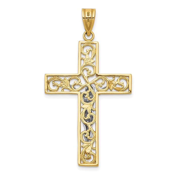 Million Charms 14K Yellow Gold Themed Two-Tone Diamond-Cut Large Block Filigree Relgious Cross With Relgious Crucifix Pendant