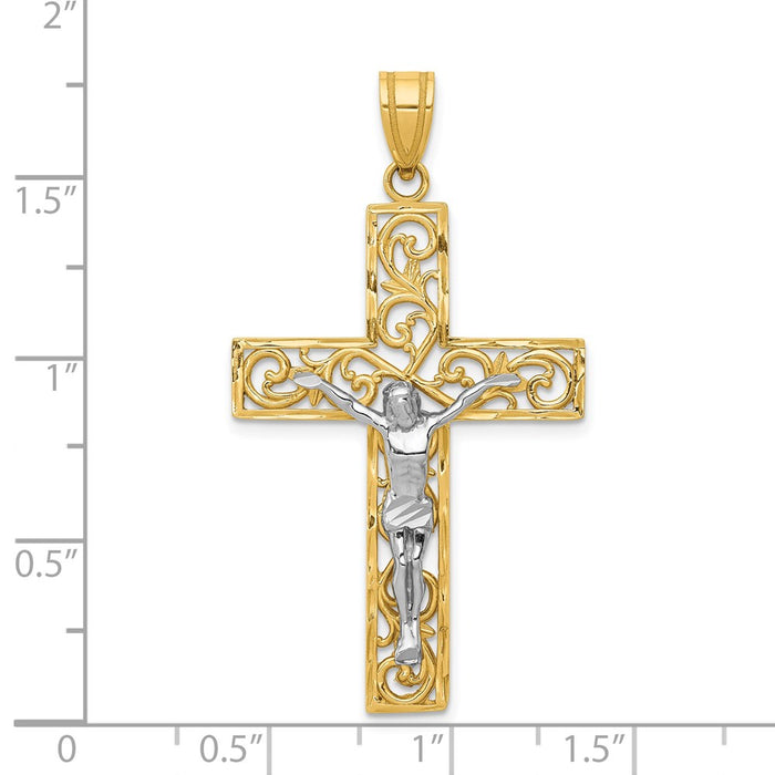 Million Charms 14K Yellow Gold Themed Two-Tone Diamond-Cut Large Block Filigree Relgious Cross With Relgious Crucifix Pendant