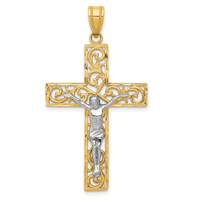 Million Charms 14K Yellow Gold Themed Two-Tone Diamond-Cut Large Block Filigree Relgious Cross With Relgious Crucifix Pendant