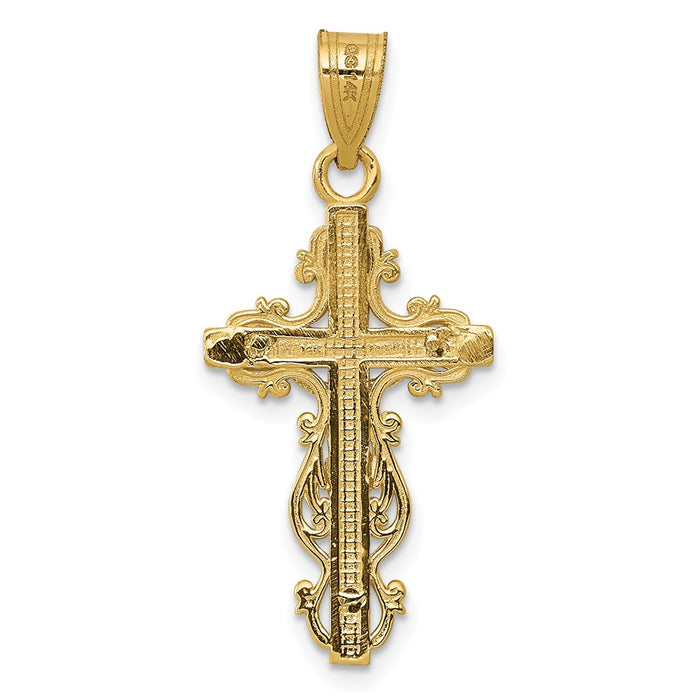 Million Charms 14K Yellow Gold Themed Two-Tone Small Narrow Relgious Cross With Relgious Crucifix Pendant