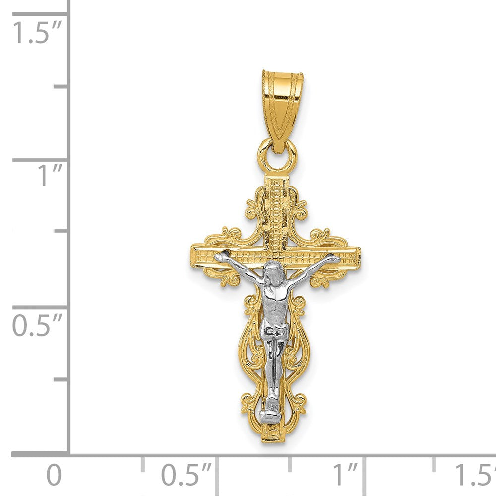 Million Charms 14K Yellow Gold Themed Two-Tone Small Narrow Relgious Cross With Relgious Crucifix Pendant