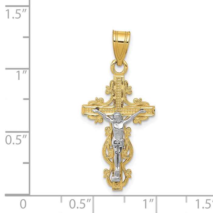 Million Charms 14K Yellow Gold Themed Two-Tone Small Narrow Relgious Cross With Relgious Crucifix Pendant