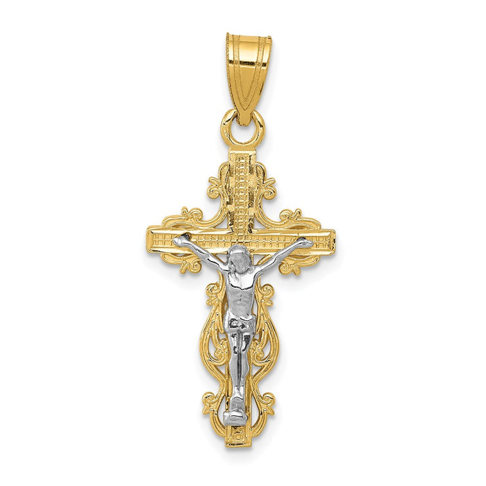 Million Charms 14K Yellow Gold Themed Two-Tone Small Narrow Relgious Cross With Relgious Crucifix Pendant