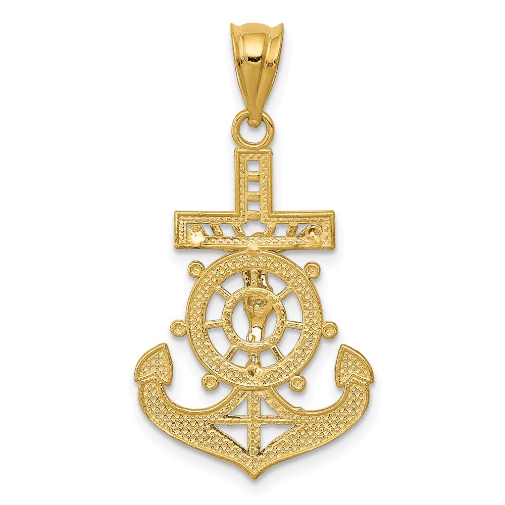 Million Charms 14K Yellow Gold Themed With Rhodium-plated Diamond-Cut Mariners Relgious Cross Pendant