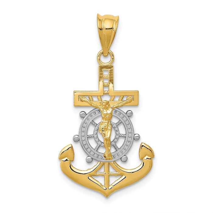 Million Charms 14K Yellow Gold Themed With Rhodium-plated Diamond-Cut Mariners Relgious Cross Pendant