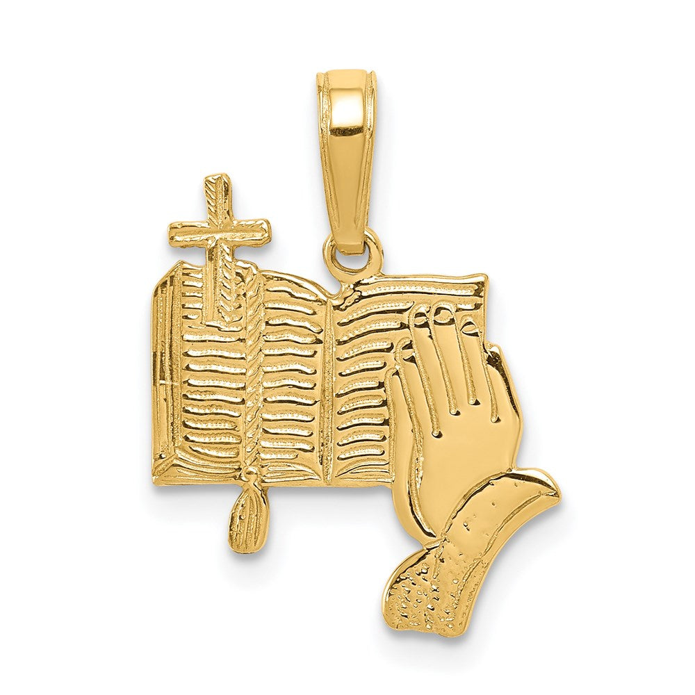 Million Charms 14K Yellow Gold Themed Bible, Praying Hands,, Relgious Cross Pendant