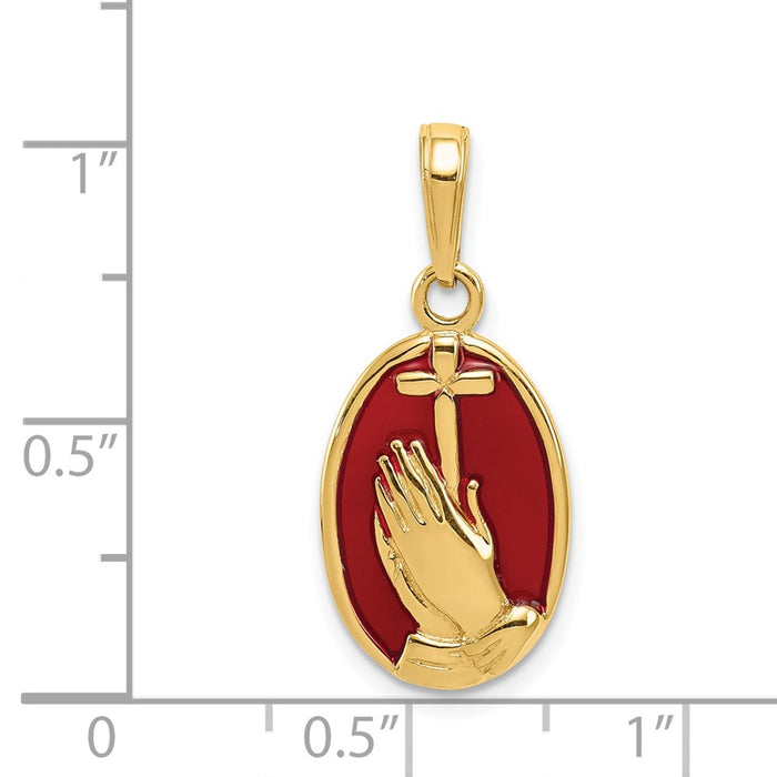 Million Charms 14K Yellow Gold Themed Red Enamel Praying Hands, Relgious Cross Pendant