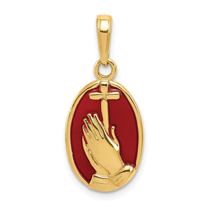 Million Charms 14K Yellow Gold Themed Red Enamel Praying Hands, Relgious Cross Pendant