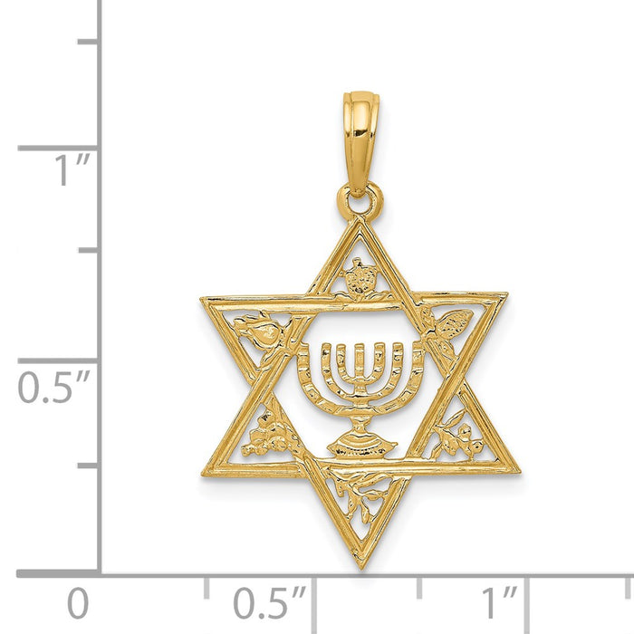 Million Charms 14K Yellow Gold Themed Religious Jewish Star Of David With Menorah Pendant