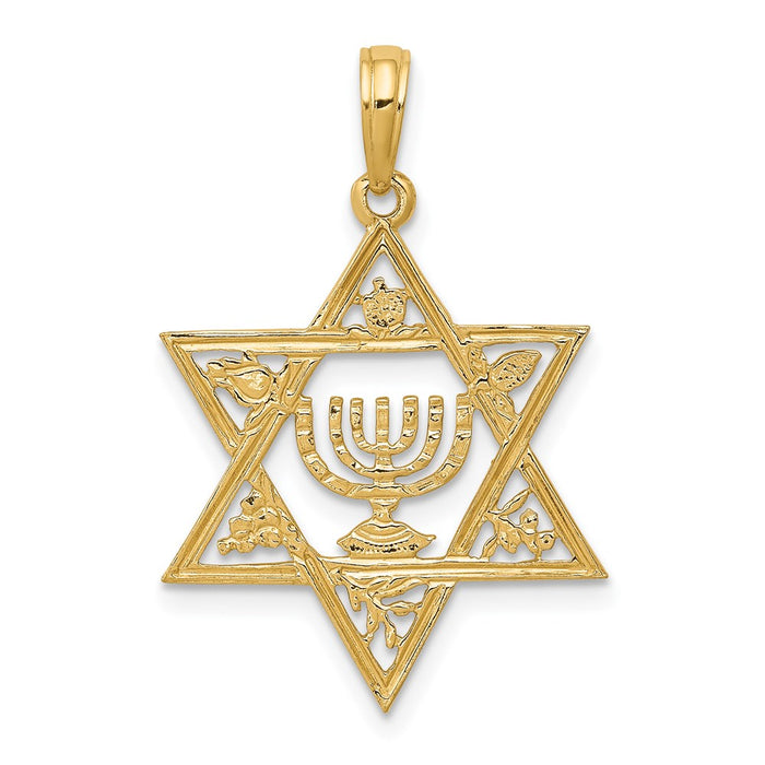 Million Charms 14K Yellow Gold Themed Religious Jewish Star Of David With Menorah Pendant