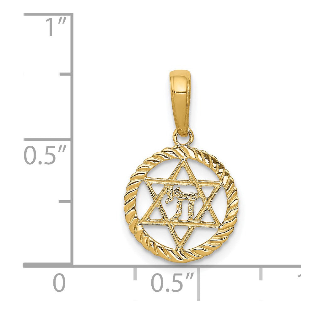 Million Charms 14K Yellow Gold Themed Religious Jewish Star Of David, Chi In Circle Pendant