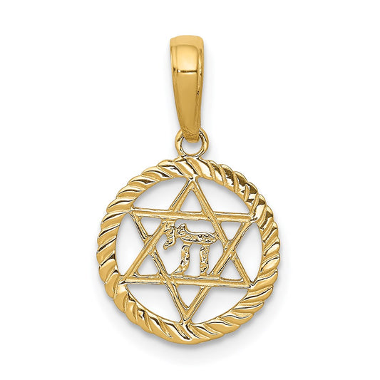 Million Charms 14K Yellow Gold Themed Religious Jewish Star Of David, Chi In Circle Pendant