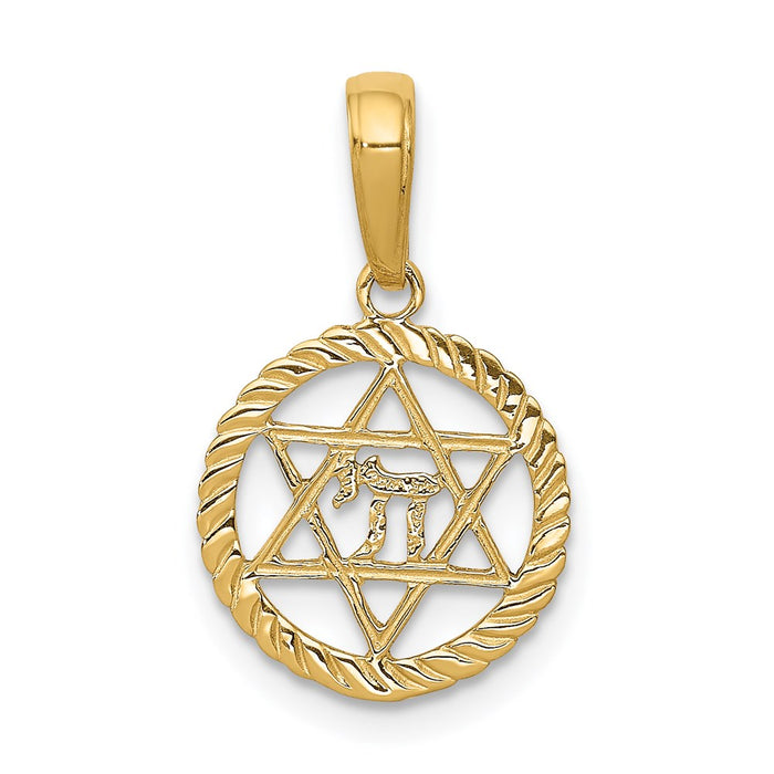 Million Charms 14K Yellow Gold Themed Religious Jewish Star Of David, Chi In Circle Pendant