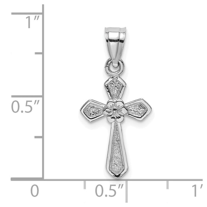 Million Charms 14K White Gold Themed Small Relgious Cross With Flower Pendant