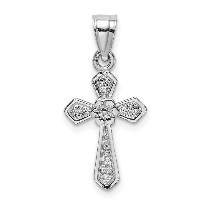 Million Charms 14K White Gold Themed Small Relgious Cross With Flower Pendant