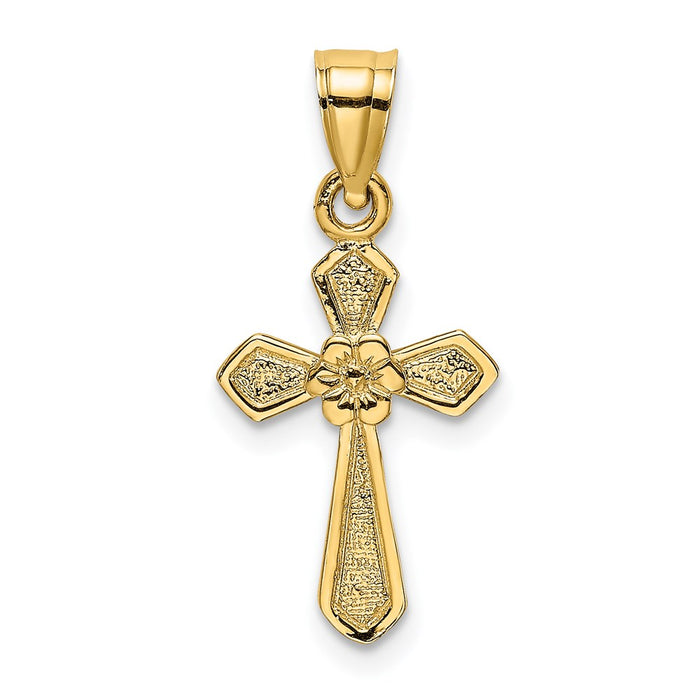 Million Charms 14K Yellow Gold Themed Small Relgious Cross With Flower Charm