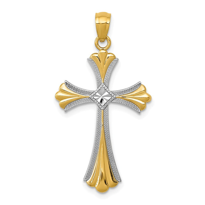 Million Charms 14K Yellow Gold Themed Diamond-Cut Rhodium-plated Relgious Cross Pendant