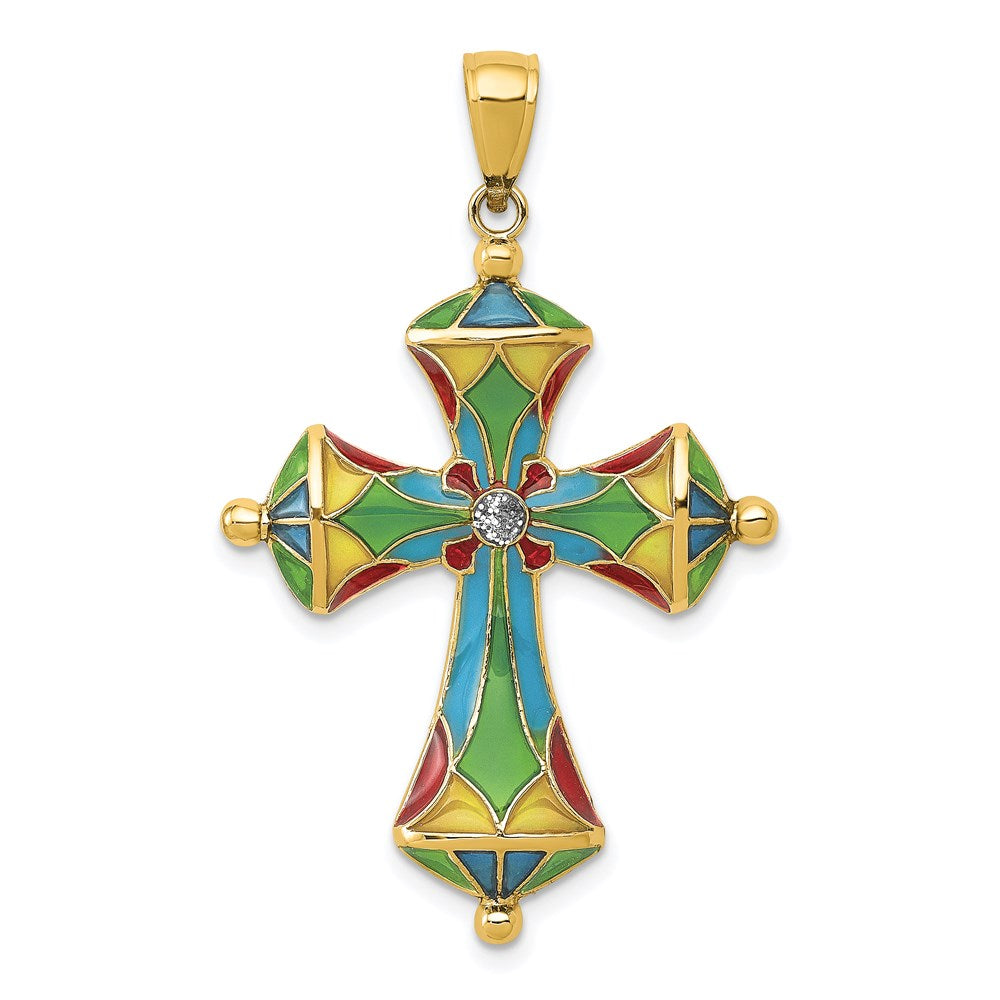Million Charms 14K Yellow Gold Themed Multi Color Enamel Relgious Cross Pendant