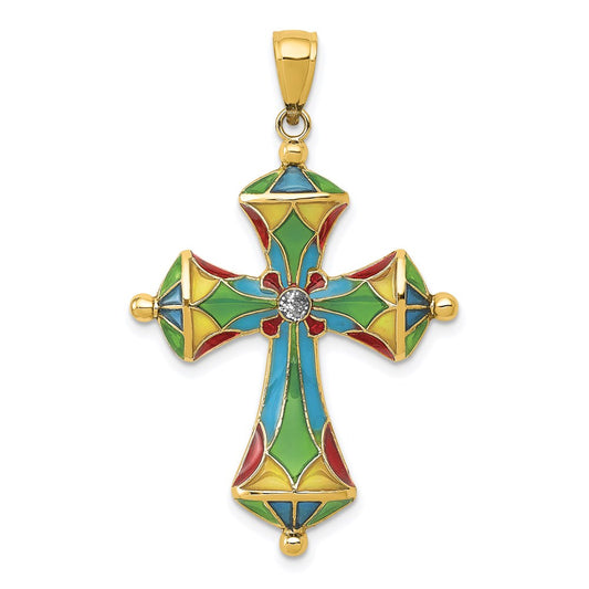 Million Charms 14K Yellow Gold Themed Multi Color Enamel Relgious Cross Pendant