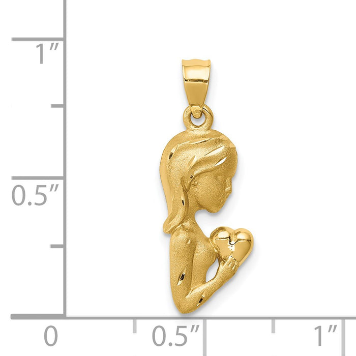 Million Charms 14K Yellow Gold Themed Brushed & Polished Diamond-Cut Lady Holding Heart Pendant