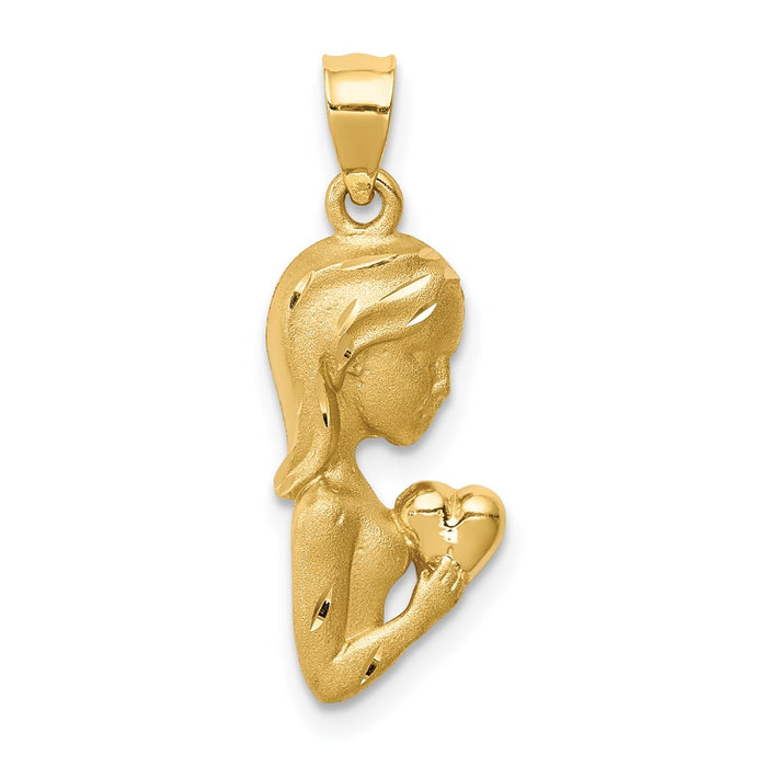 Million Charms 14K Yellow Gold Themed Brushed & Polished Diamond-Cut Lady Holding Heart Pendant