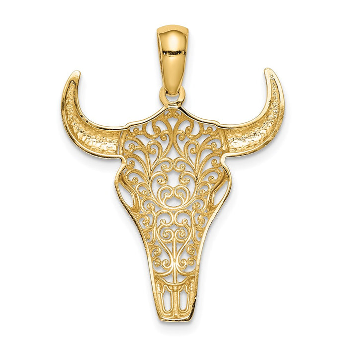 Million Charms 14K Yellow Gold Themed Filigree Steer Skull Pendant