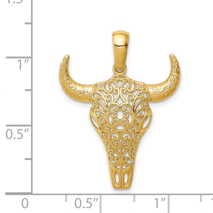 Million Charms 14K Yellow Gold Themed Filigree Steer Skull Pendant