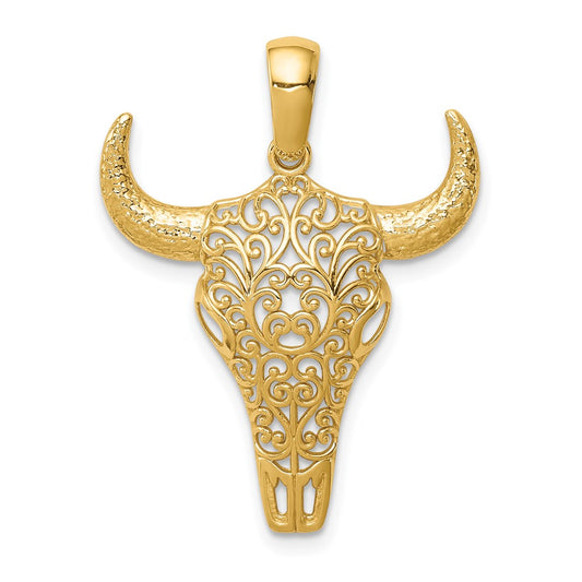 Million Charms 14K Yellow Gold Themed Filigree Steer Skull Pendant