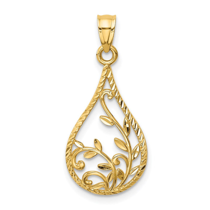 Million Charms 14K Yellow Gold Themed Leaf Diamond-Cut Dangle Pendant