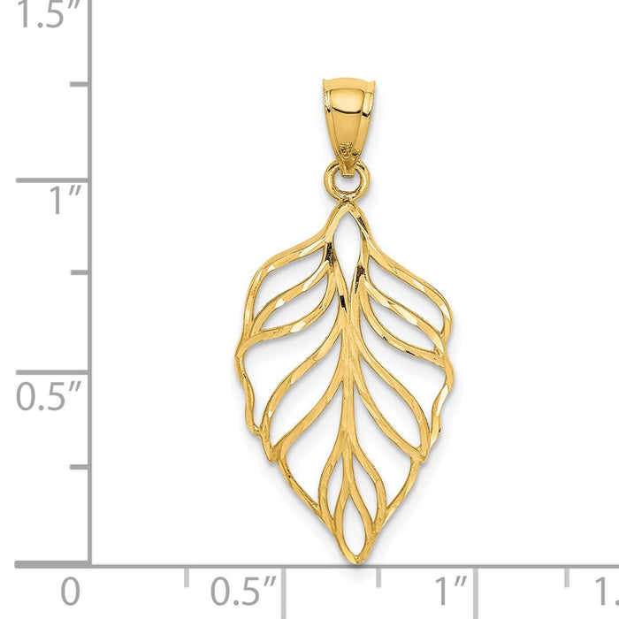 Million Charms 14K Yellow Gold Themed Leaf Diamond-Cut Dangle Pendant