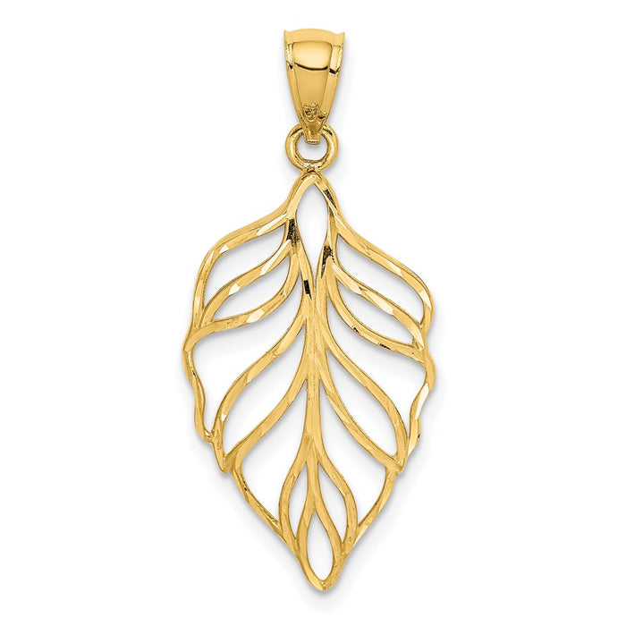 Million Charms 14K Yellow Gold Themed Leaf Diamond-Cut Dangle Pendant