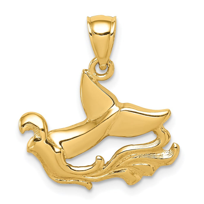 Million Charms 14K Yellow Gold Themed Whale Tail & Wave Pendant