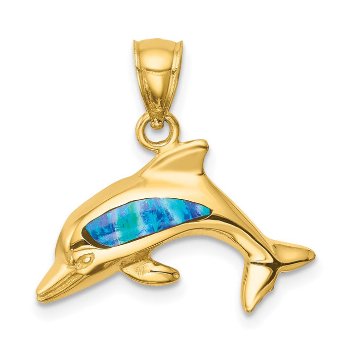 Million Charms 14K Yellow Gold Themed Created Opal Dolphin Pendant