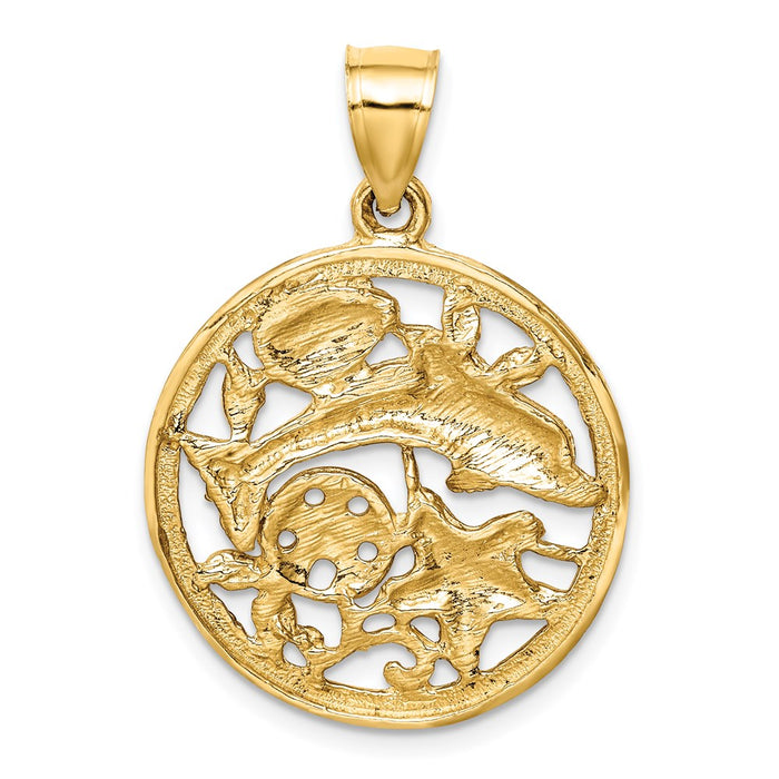 Million Charms 14K Yellow Gold Themed Framed Diamond-Cut Dolphin & Shells Pendant