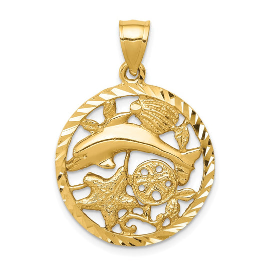 Million Charms 14K Yellow Gold Themed Framed Diamond-Cut Dolphin & Shells Pendant