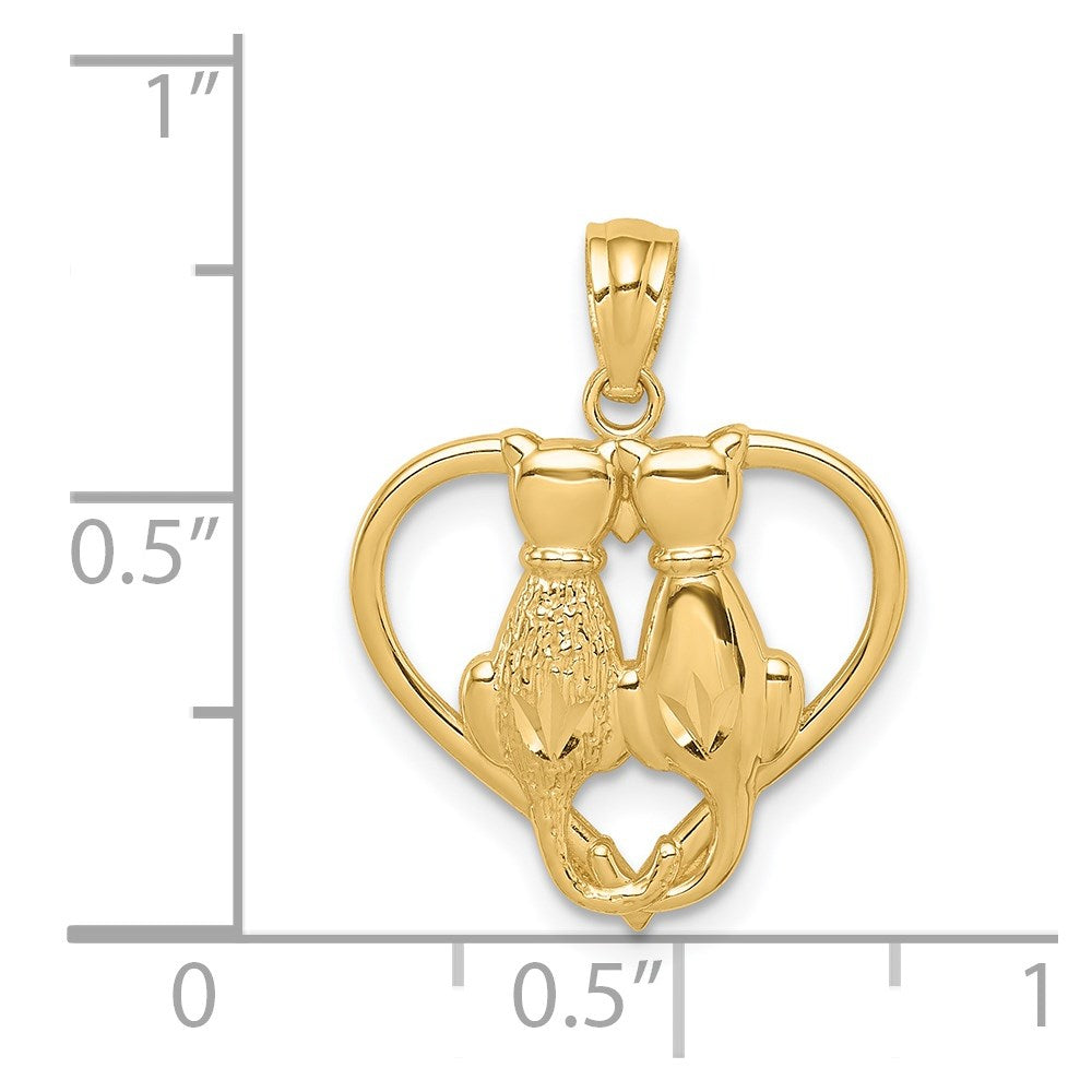 Million Charms 14K Yellow Gold Themed Sitting Cats In A Heart Pendant