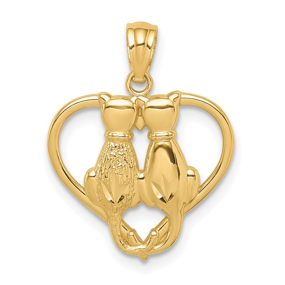 Million Charms 14K Yellow Gold Themed Sitting Cats In A Heart Pendant