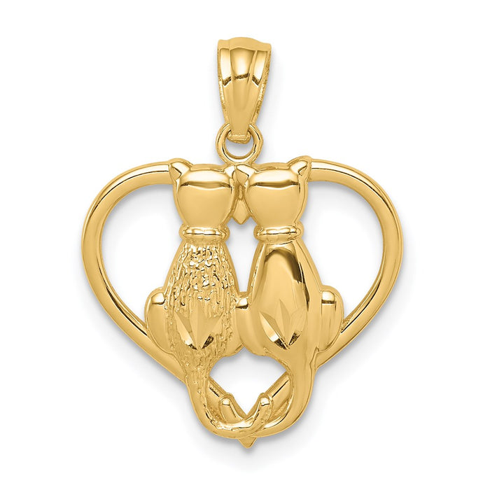 Million Charms 14K Yellow Gold Themed Sitting Cats In A Heart Pendant