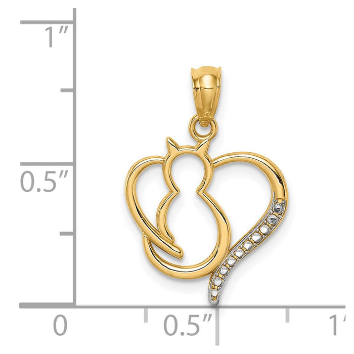 Million Charms 14K Yellow Gold Themed With Rhodium-plated Sitting Cat In A Heart Pendant