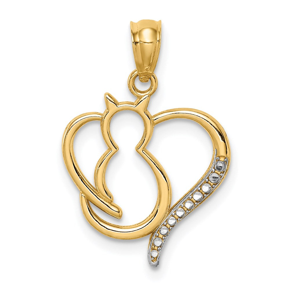 Million Charms 14K Yellow Gold Themed With Rhodium-plated Sitting Cat In A Heart Pendant