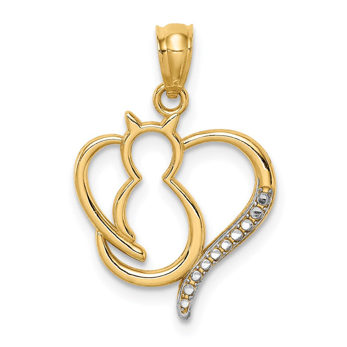 Million Charms 14K Yellow Gold Themed With Rhodium-plated Sitting Cat In A Heart Pendant