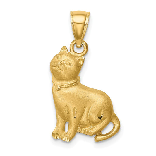 Million Charms 14K Yellow Gold Themed Diamond-Cut Cat Pendant