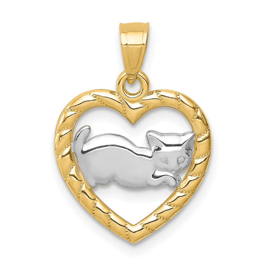 Million Charms 14K Yellow Gold Themed With Rhodium-plated Cat In Heart Pendant