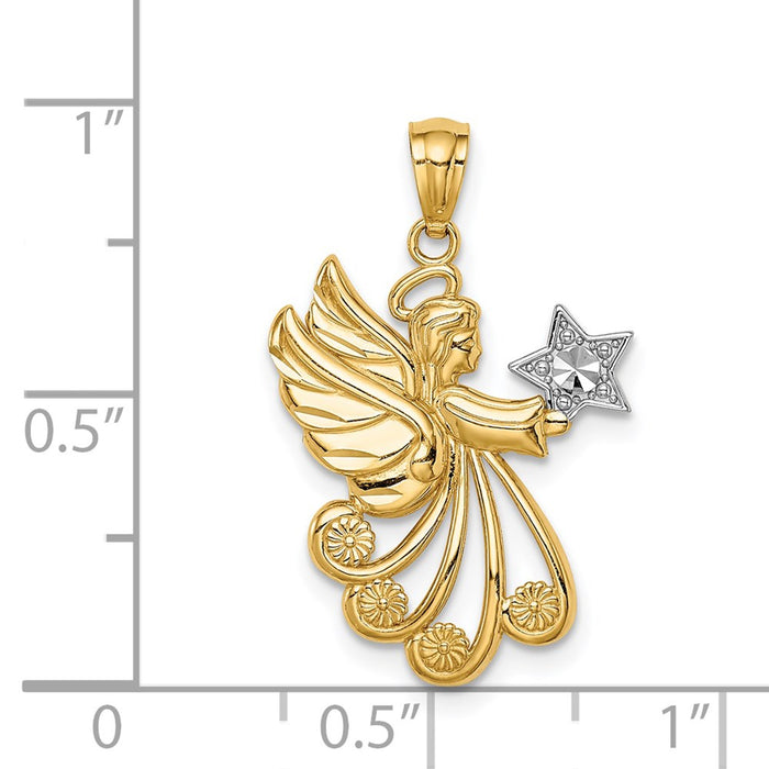 Million Charms 14K Yellow Gold Themed With Rhodium-plated Diamond-Cut Angel With A Star