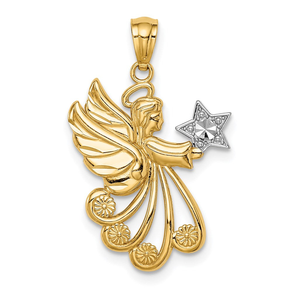Million Charms 14K Yellow Gold Themed With Rhodium-plated Diamond-Cut Angel With A Star