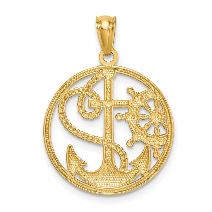 Million Charms 14K Yellow Gold Themed With Rhodium-plated Relgious Cross Nautical Anchor Captain Wheel Pendant